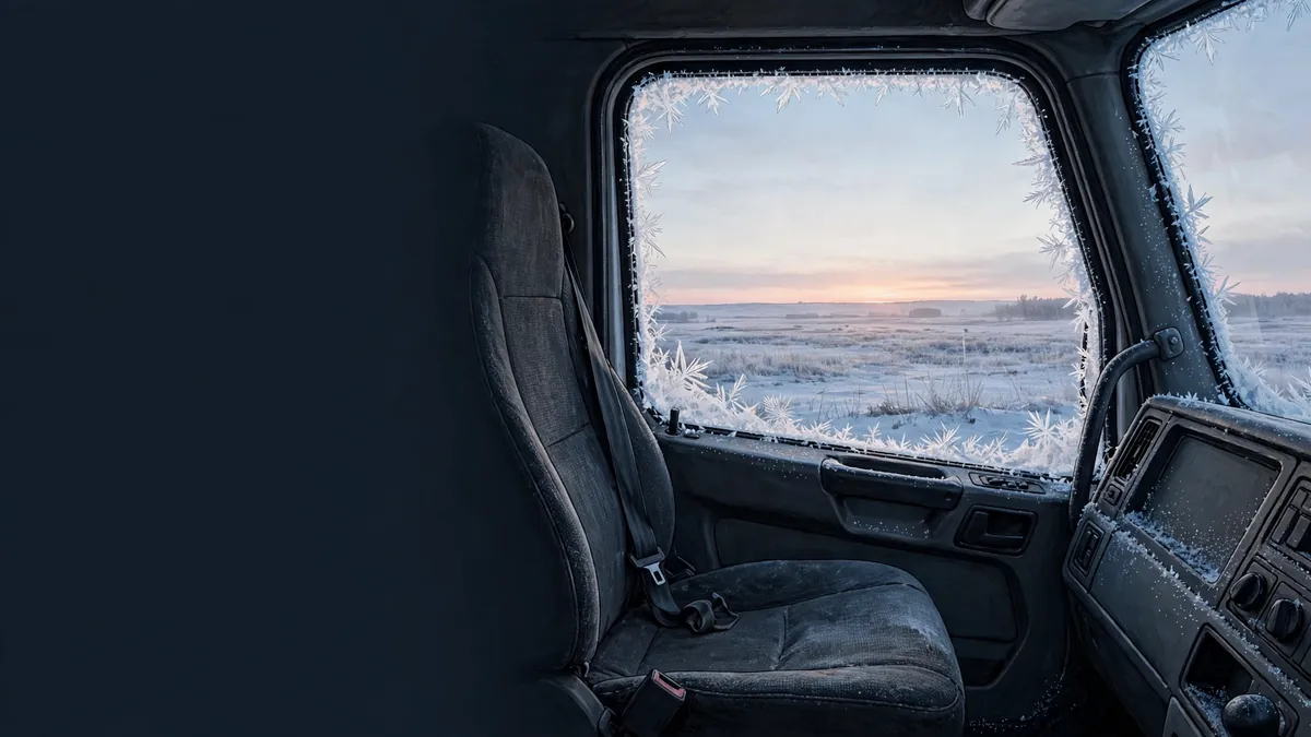Frost-covered truck cab interior at sunrise